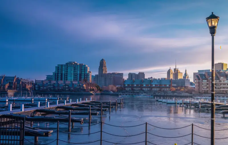 January 9th, 2021 -Buffalo NY USA: Buffalo cityscape view at early cold morning from erie basin marina.