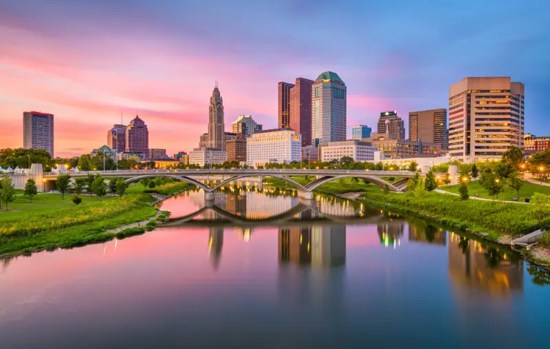 Columbus, Ohio, USA skyline on the river at dusk.