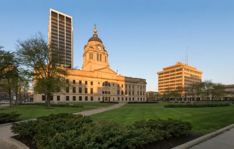 FORT WAYNE, INDIANA, USA - OCTOBER 29, 2018: Exterior of the Allen County Courthouse on South Calhoun Street in Fort Wayne