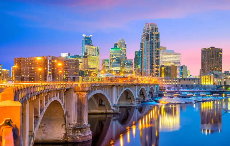 Minneapolis downtown skyline in Minnesota, USA at sunset