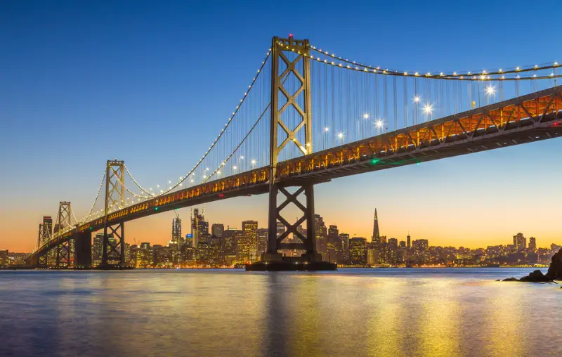 Classic panoramic view of famous Oakland Bay Bridge with the skyline of San Francisco in the background illuminated in beautiful twilight after sunset in summer, California, USA