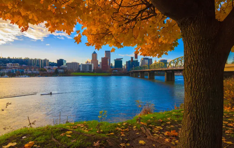 View of Portland, Oregon overlooking the willamette river on a Fall Afternoon