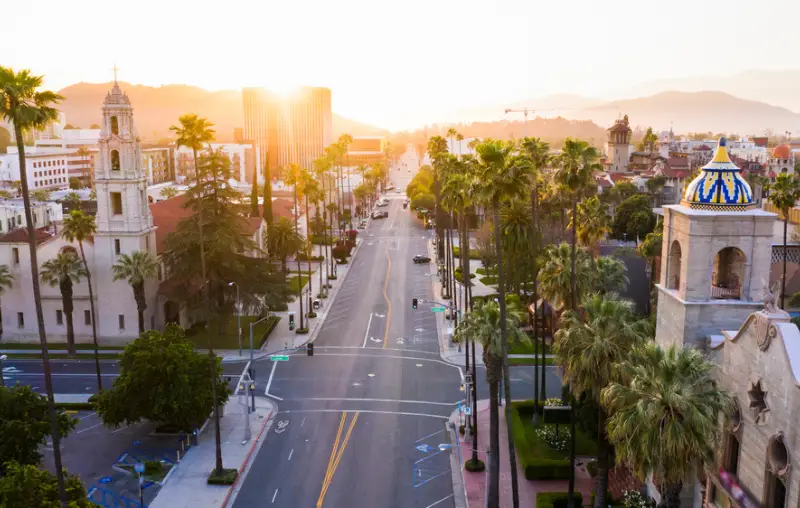 Sunset aerial view of historic downtown Riverside, California.