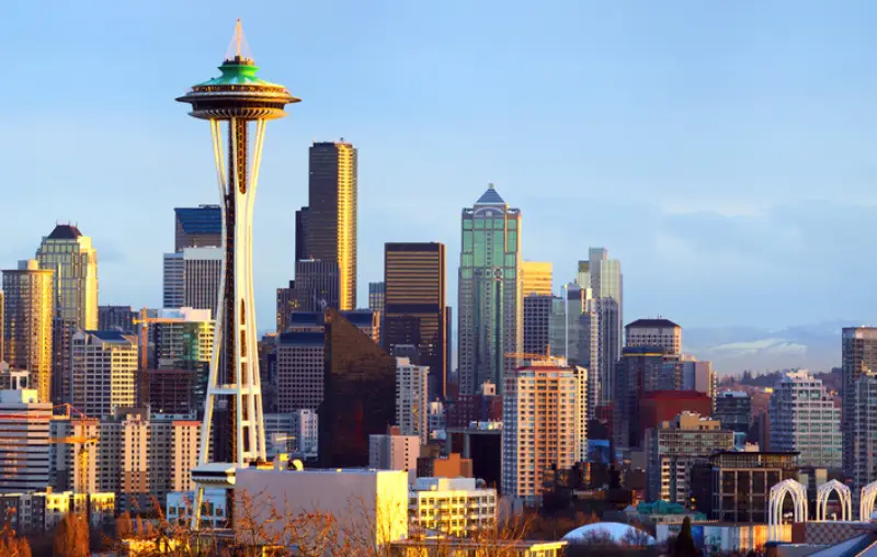 Sunset view of Seattle skyline, WA, USA