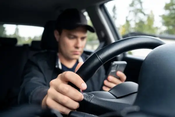 A man in a black baseball cap holding a steering wheel while using a smart phone.