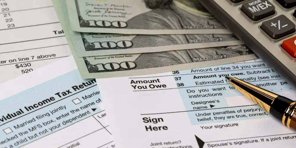 Amount you owe line on income tax return forms, cash money and calculator. Federal tax return, income tax, tax refund and payment concept