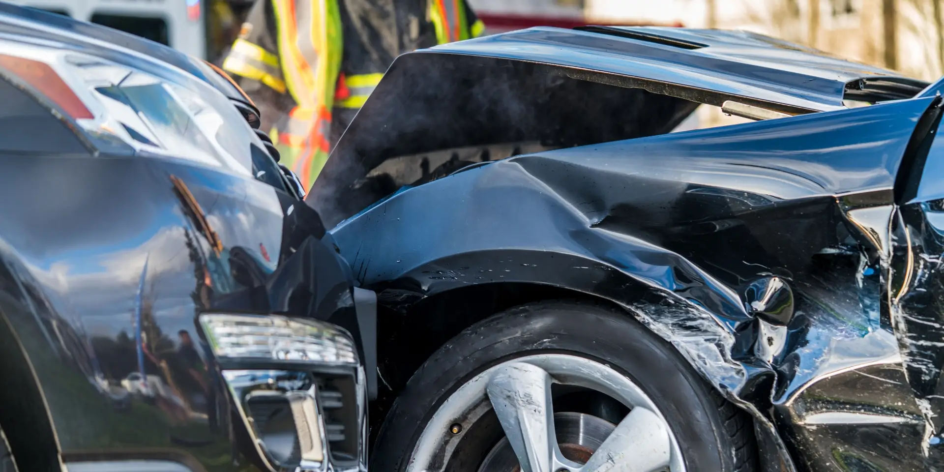 Vancouver, British Columbia, Canada. Aftermath of a car crash accident at a very busy intersection.